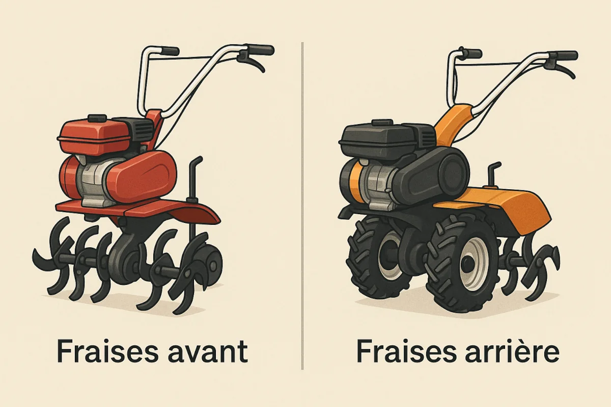 Comparatif visuel entre fraises avant et fraises arrière sur différents modèles de motoculteur