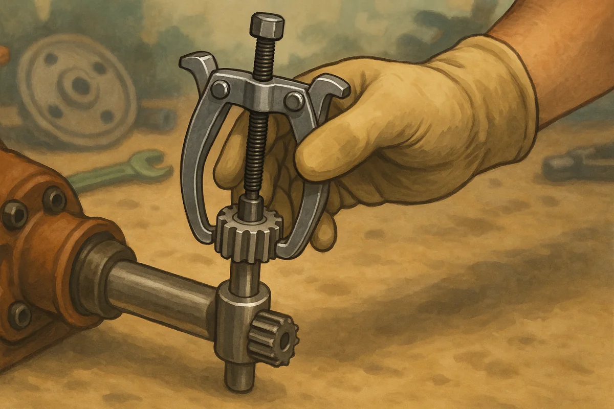Main gantée en train d’utiliser un extracteur pour retirer un pignon d’un arbre de transmission, sur un établi d’atelier avec des outils mécaniques en arrière-plan.
