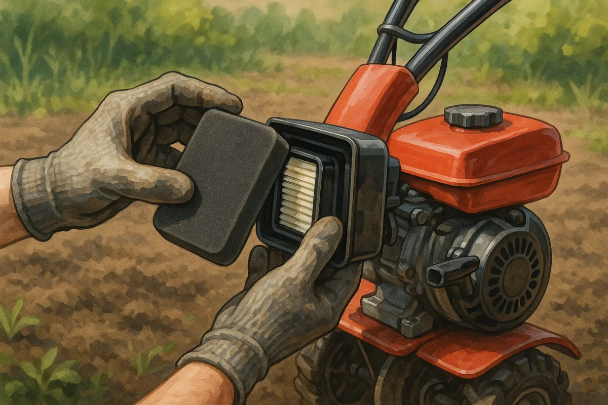 Filtre à air de motoculteur en cours de nettoyage