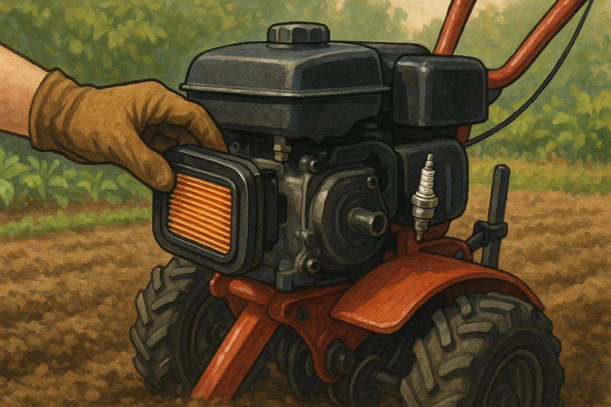 Nettoyage du filtre à air sur le moteur d’un motoculteur thermique