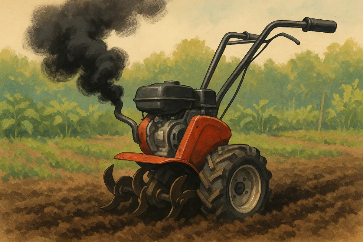 Fumée noire à l’échappement d’un motoculteur en fonctionnement, fond jardin potager