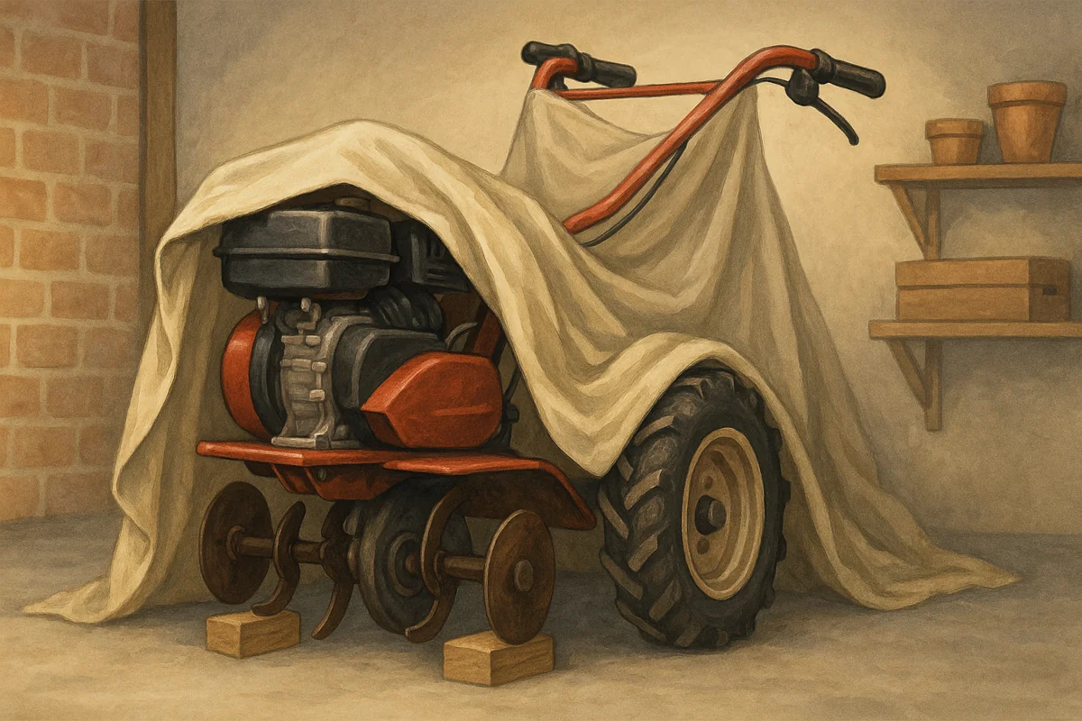 Motoculteur sur cales dans un garage sec, propre, bâché partiellement pour l’hivernage