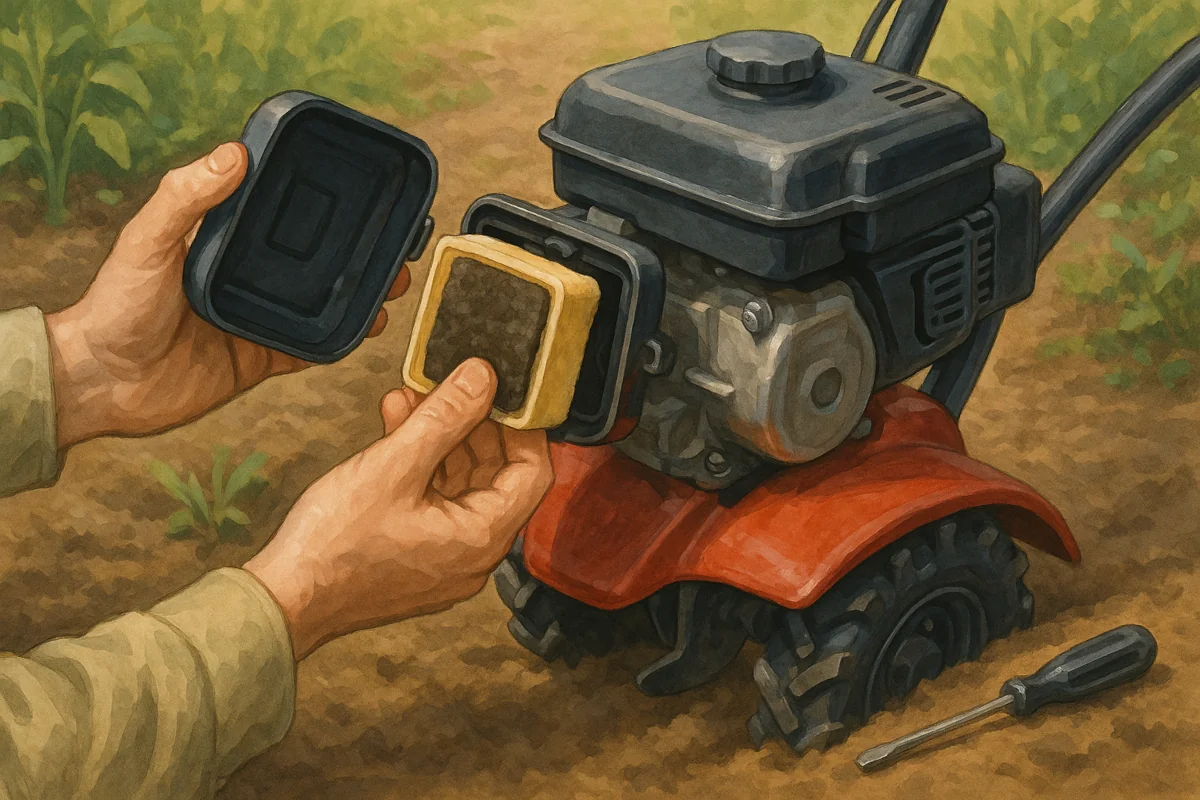 Main retirant un filtre à air encrassé sur un motoculteur rouge à l’arrêt, dans un jardin potager
