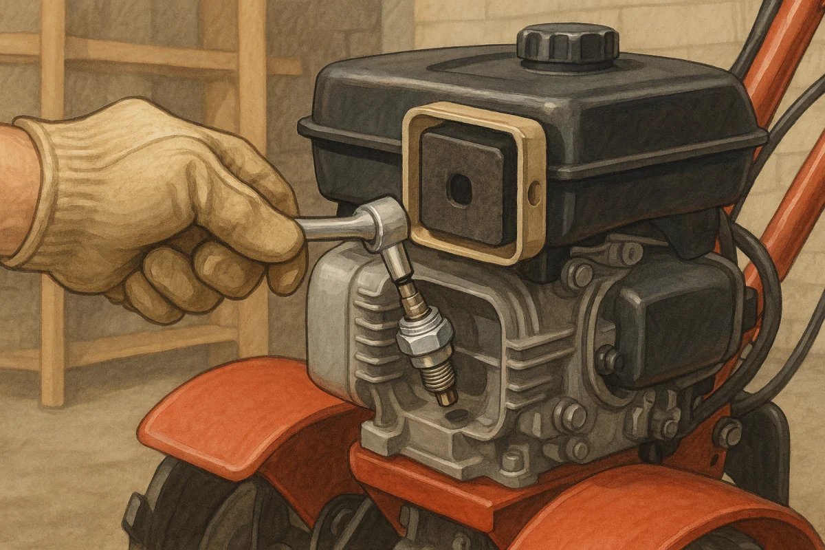 Main gantée retirant la bougie d’un petit moteur thermique de motoculteur