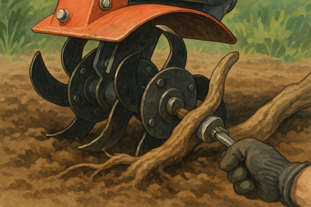 Fraise de motoculteur coincée dans une racine, terre compacte autour