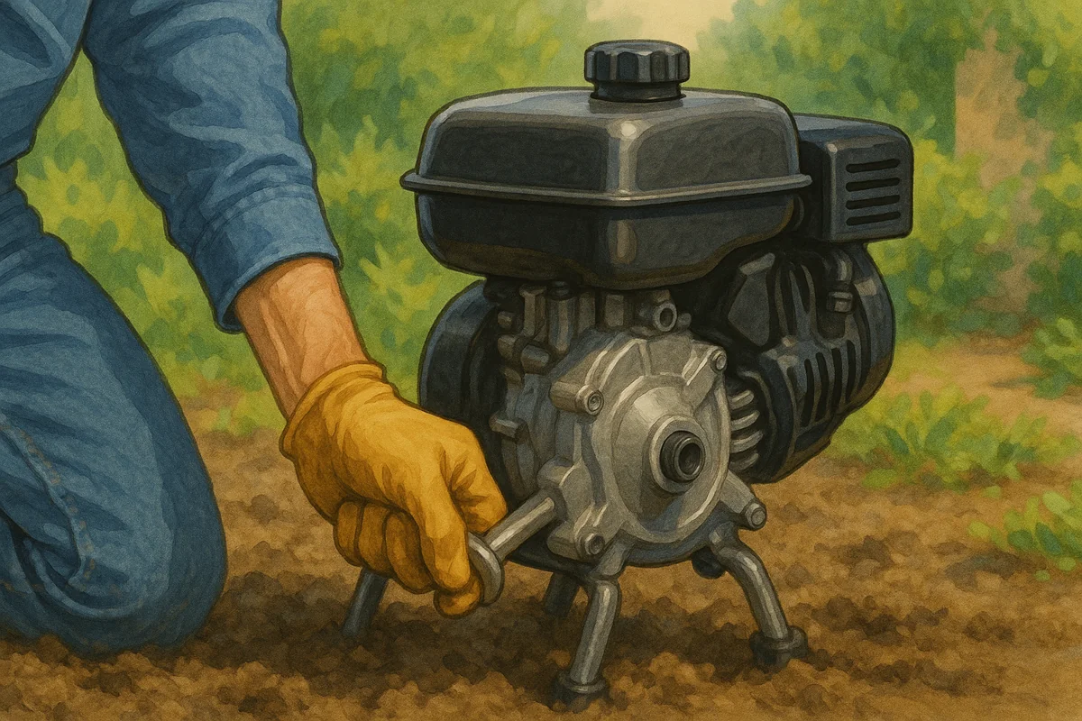Utilisateur tentant de faire tourner le vilebrequin d’un petit moteur thermique à la main