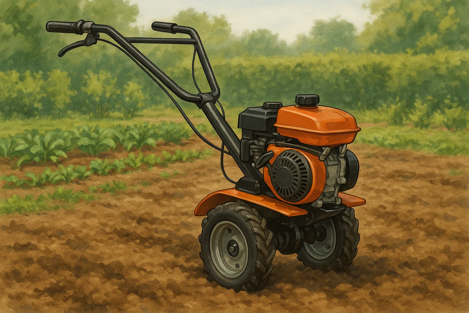 Motobineuse équipée de roues posée sur un terrain de jardin