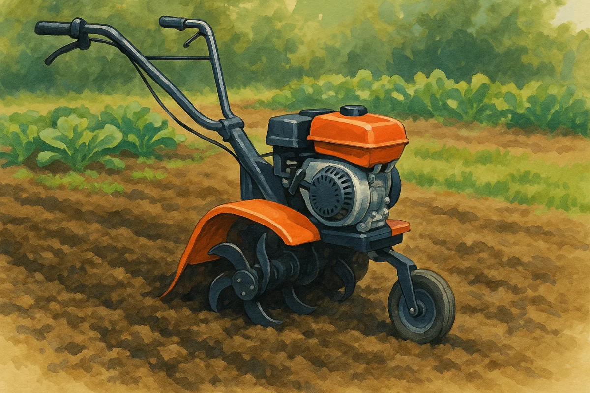 Motobineuse à fraises arrière compacte en train de biner un jardin potager