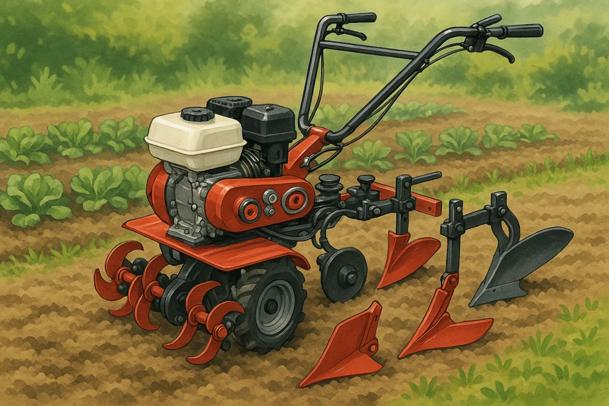 Motoculteur 3 en 1 avec fraise, charrue et buttoir