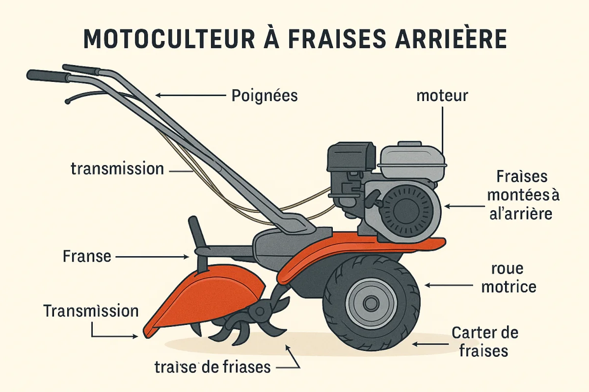 Schéma d’un motoculteur à fraises arrière avec zones fonctionnelles annotées
