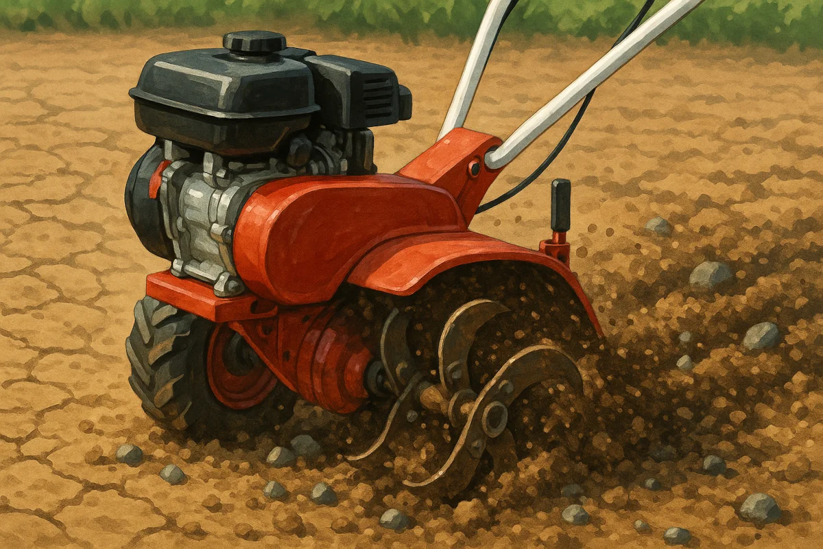 Un motoculteur thermique à fraises arrière en pleine action, en train de pénétrer un sol sec et compact parsemé de petits cailloux.