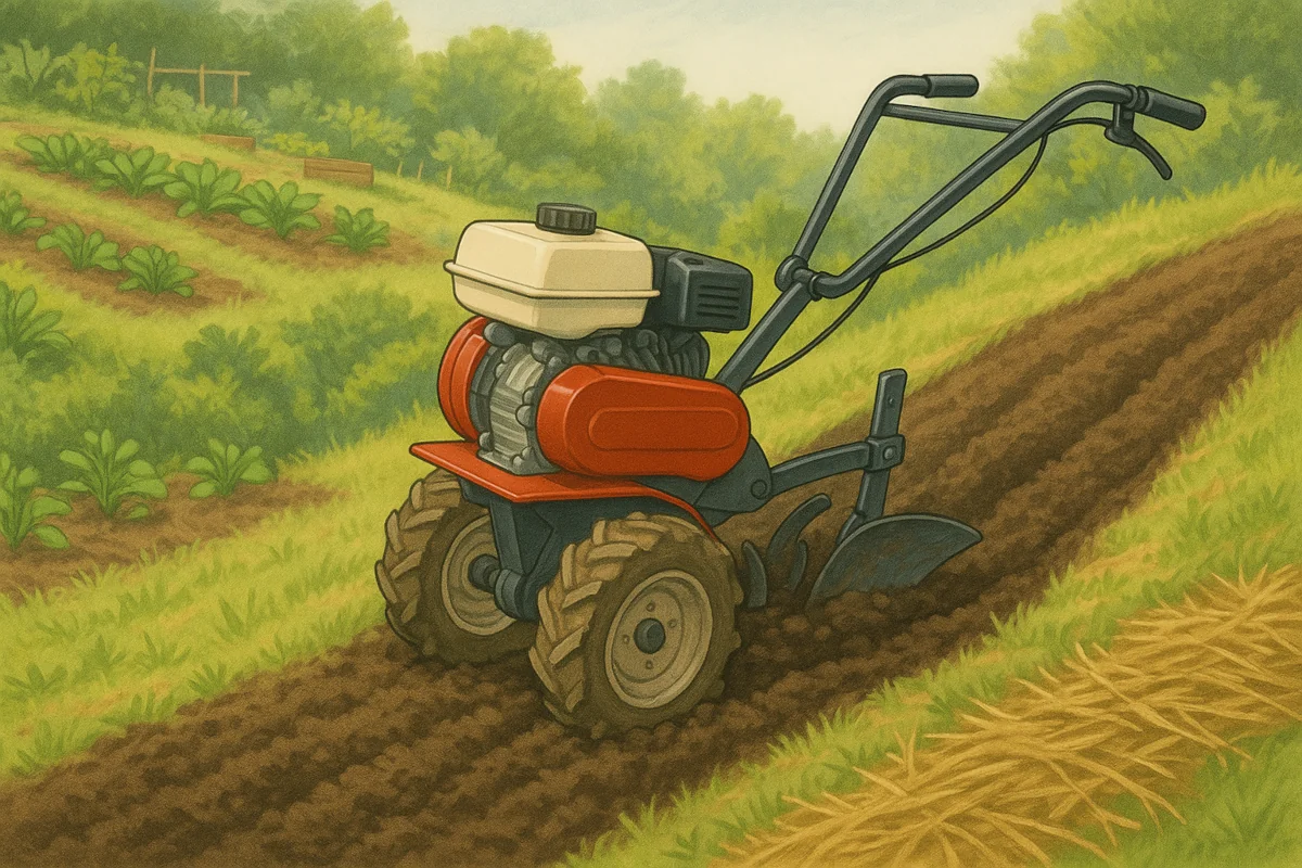 Motoculteur thermique utilisé sur une pente légère en jardin