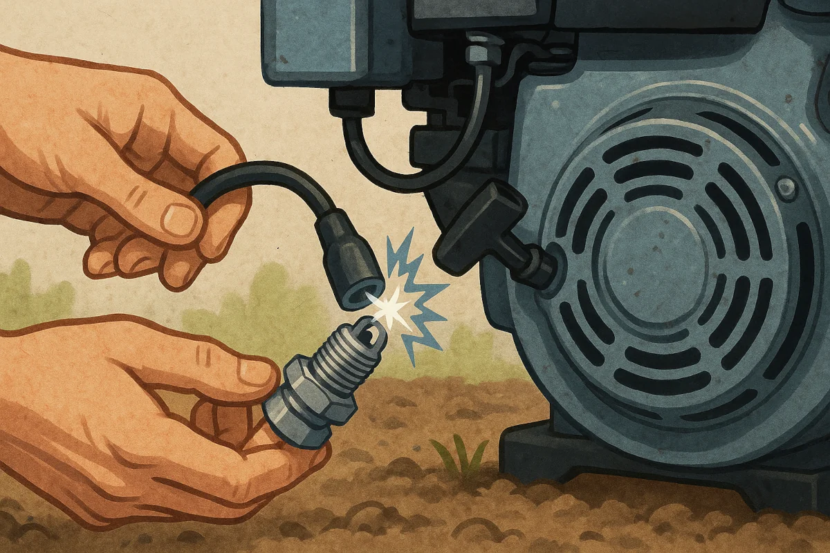 Test de l’étincelle sur une bougie de motoculteur : une main tient la bougie reliée à son fil devant le moteur, une étincelle visible indique un allumage fonctionnel.