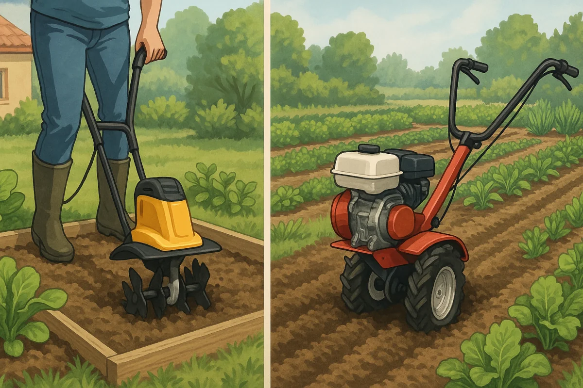 Motobineuse électrique dans petit potager vs motoculteur à fraises arrière dans grand jardin potager structuré