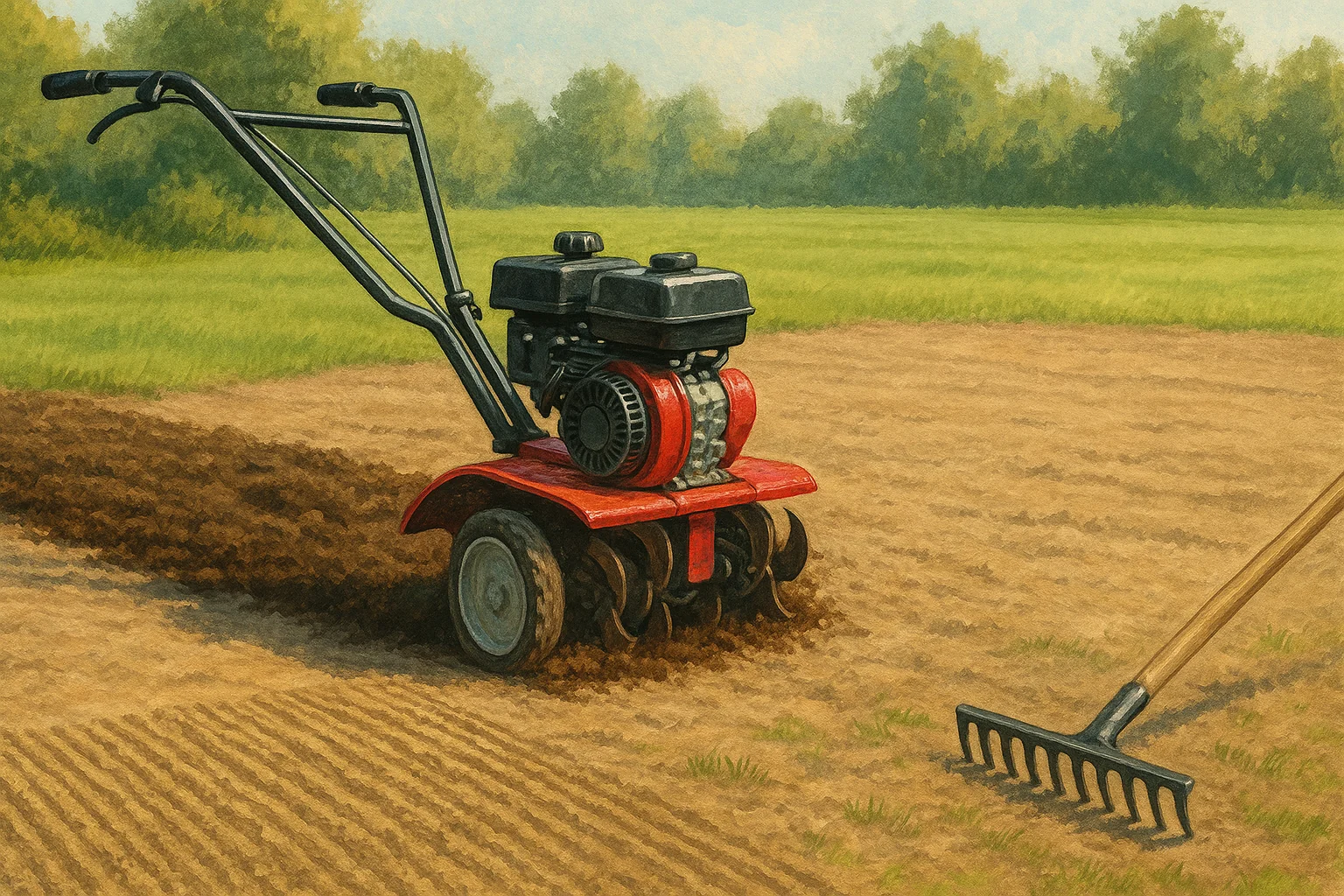 Refaire une pelouse avec un motoculteur sur terrain plat, homme en train de passer les fraises
