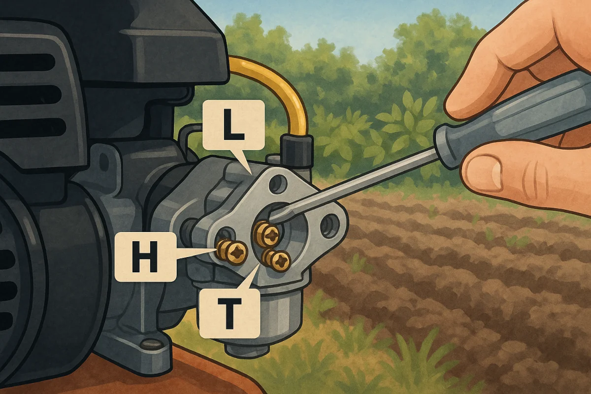 Main réglant la vis de richesse (L) d’un carburateur de motoculteur, avec les vis H et T également visibles, dans un potager en arrière-plan