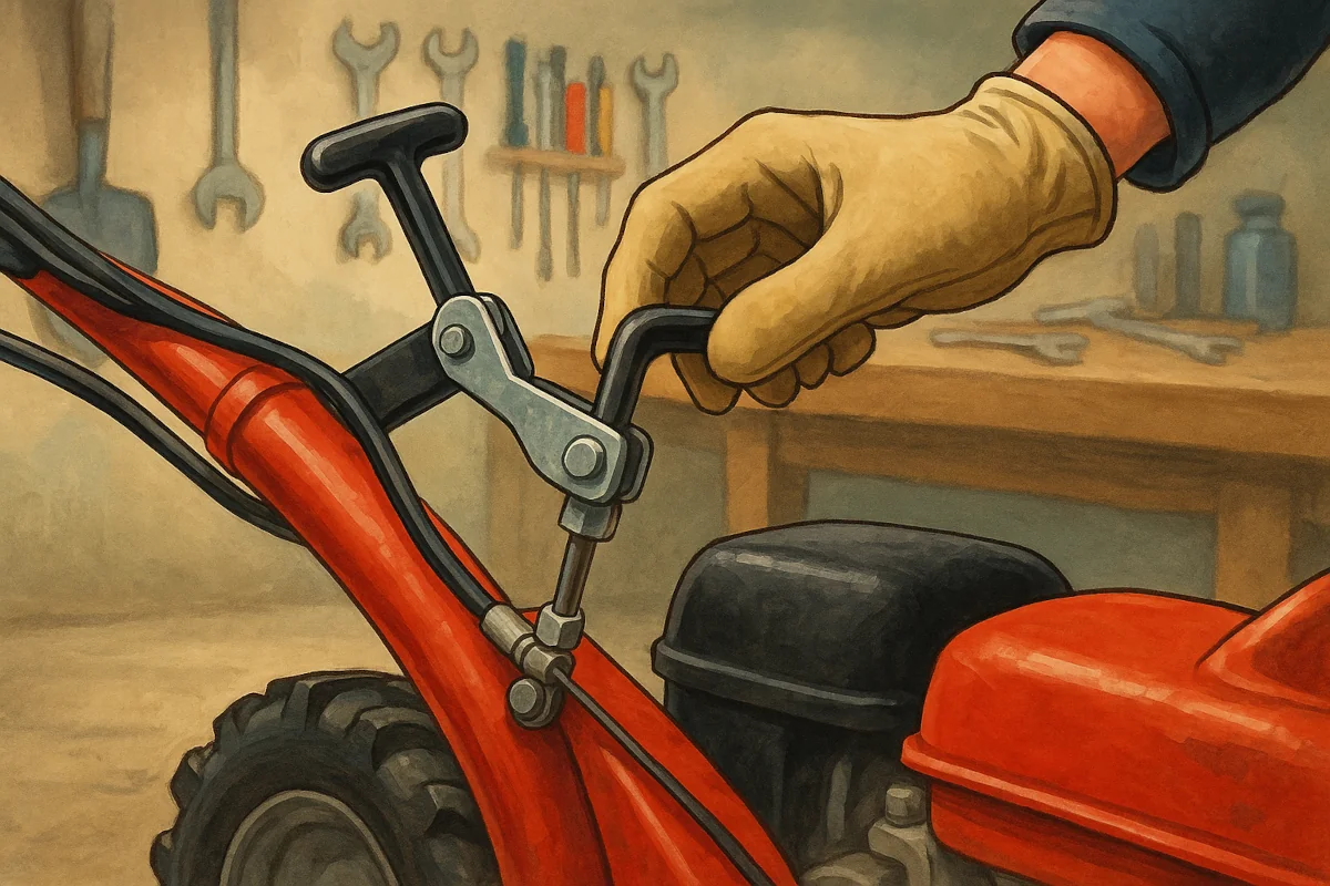 Main gantée actionnant le levier de marche arrière d’une motobineuse rouge, en atelier, avec câbles visibles et outils flous en arrière-plan.
