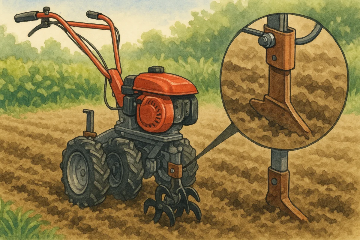 Motoculteur équipé d’un sabot de réglage de profondeur