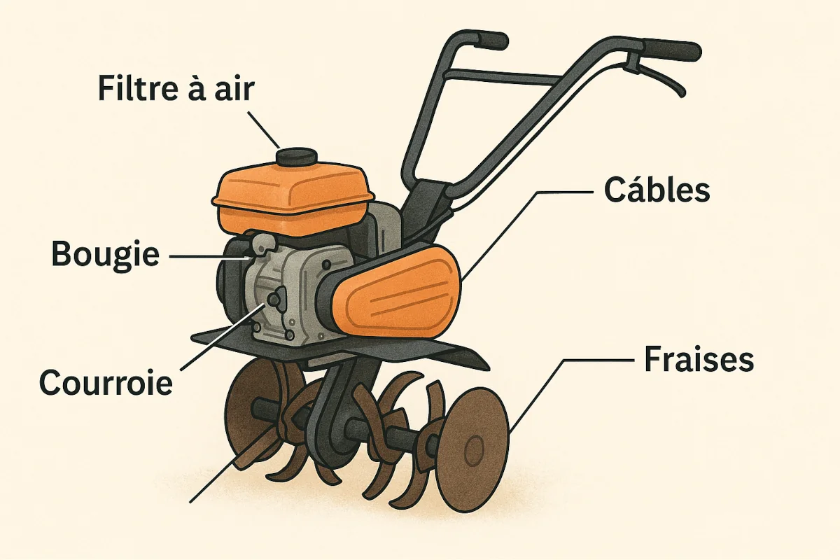 Schéma technique simplifié d’un motoculteur avec zones d’entretien annotées
