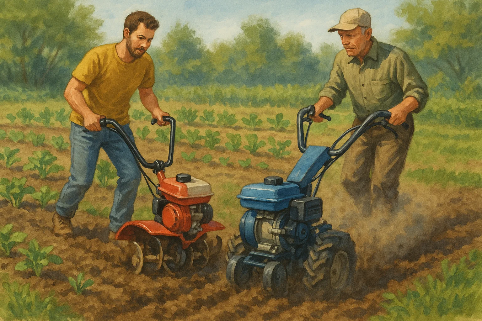 Motobineuse et motoculteur en action dans un jardin potager